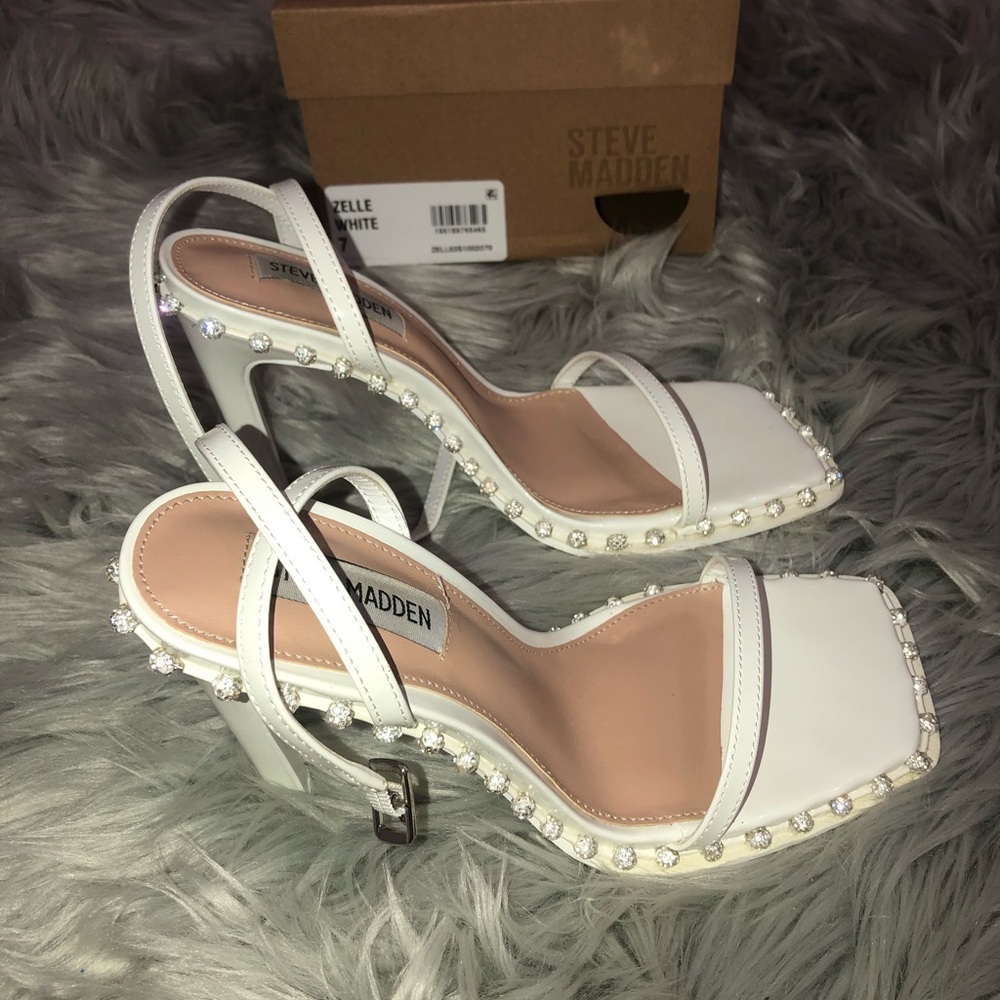 zelle white steve madden heels
